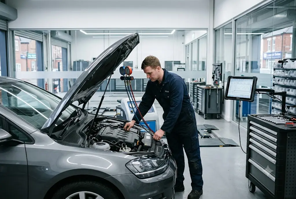 mechanic repairing car air conditioning system in UK garage