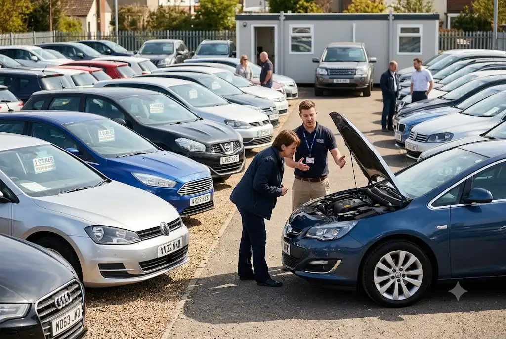 customer inspecting used cars at UK dealership