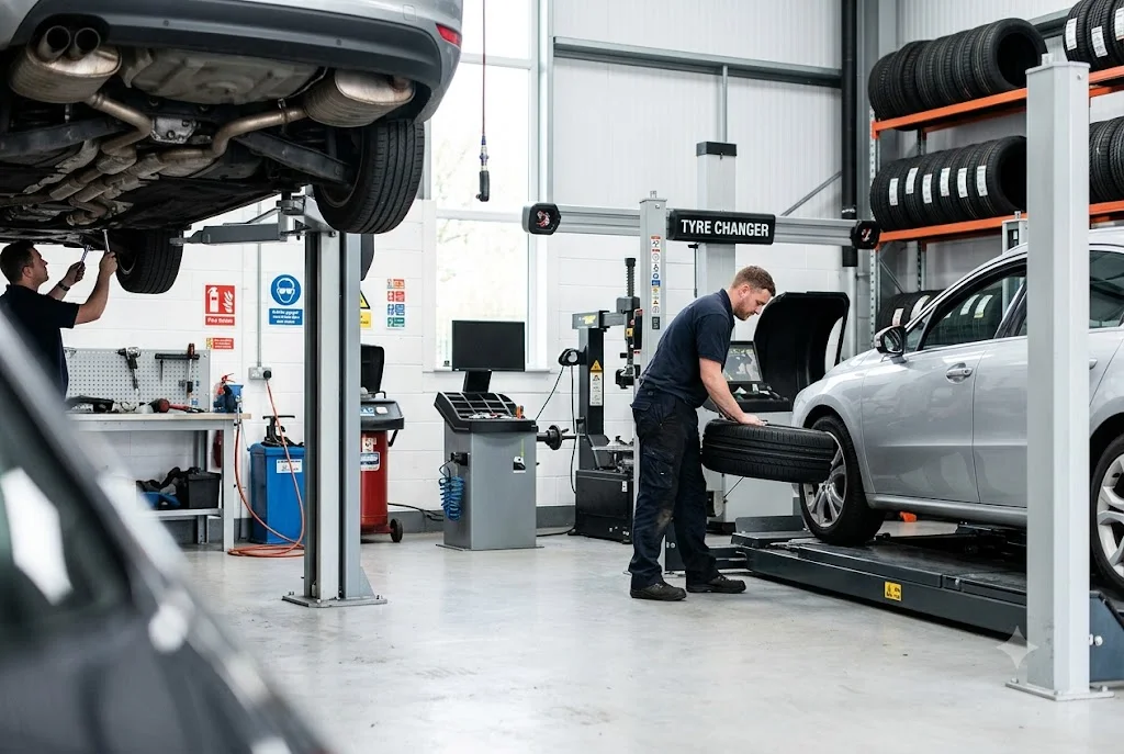 mechanic replacing tyre in UK tyre and exhaust centre