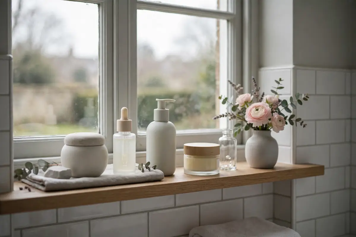 British skincare culture - a simple, everyday skincare routine with trusted products by a bright British window