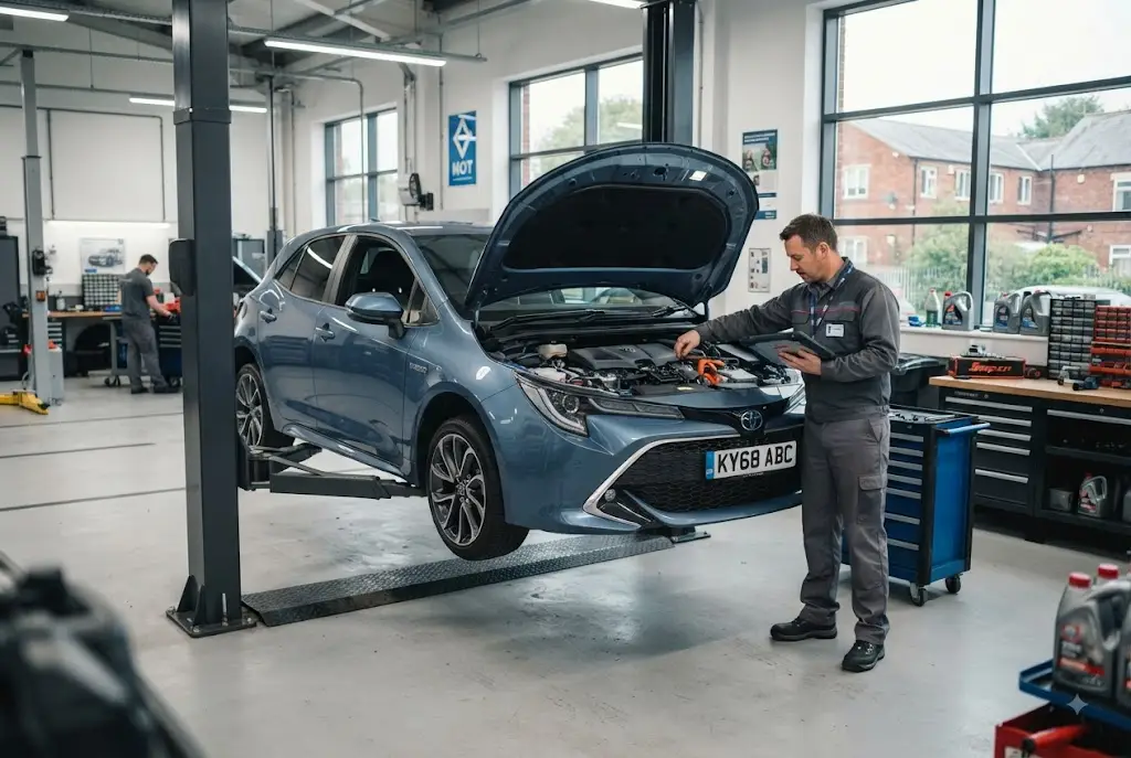 Hybrid servicing at a professional British automotive workshop