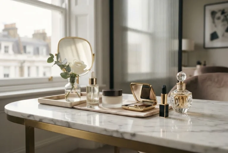 Luxury beauty products including premium skincare makeup and fragrance