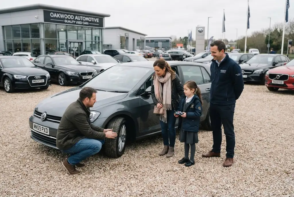 Used cars in Britain being inspected by a family buyer