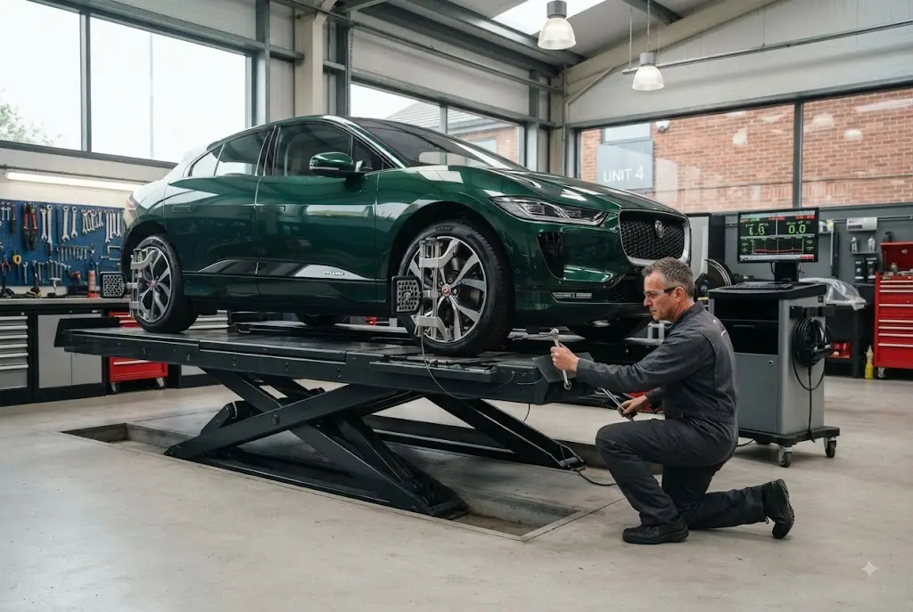 Wheel alignment being checked on a car at a British automotive workshop