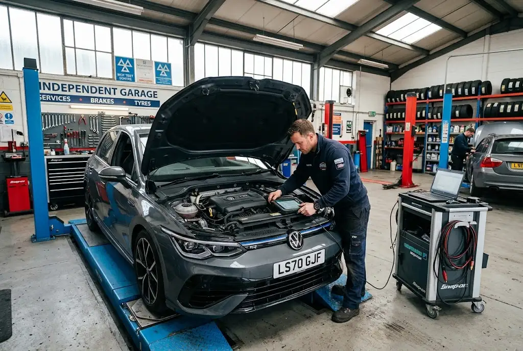 Car servicing being carried out at a British independent garage