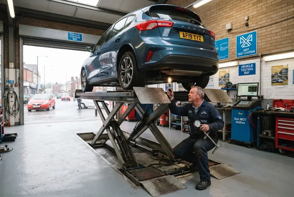 MOT and service inspection at a UK testing garage