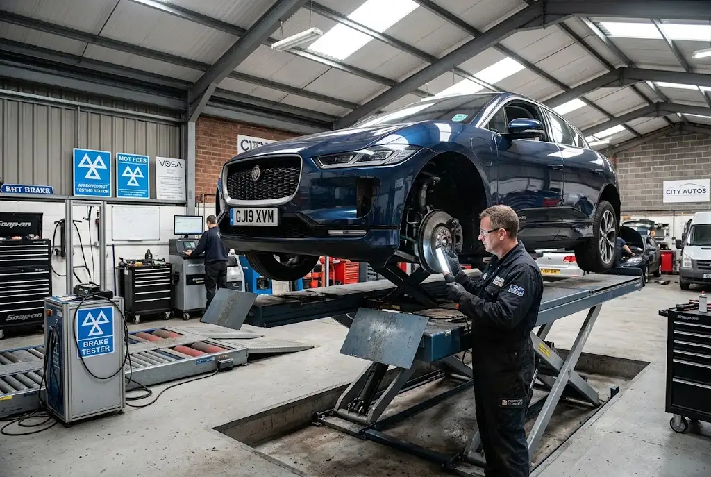 MOT and service checks being carried out at a UK vehicle testing garage