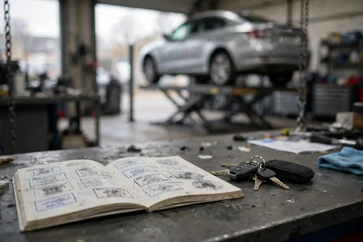 A stamped service history book and car keys on a garage workbench, with a car on a lift behind